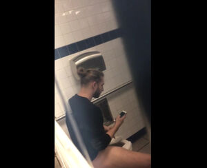Naughty stud jacking boner right in restroom